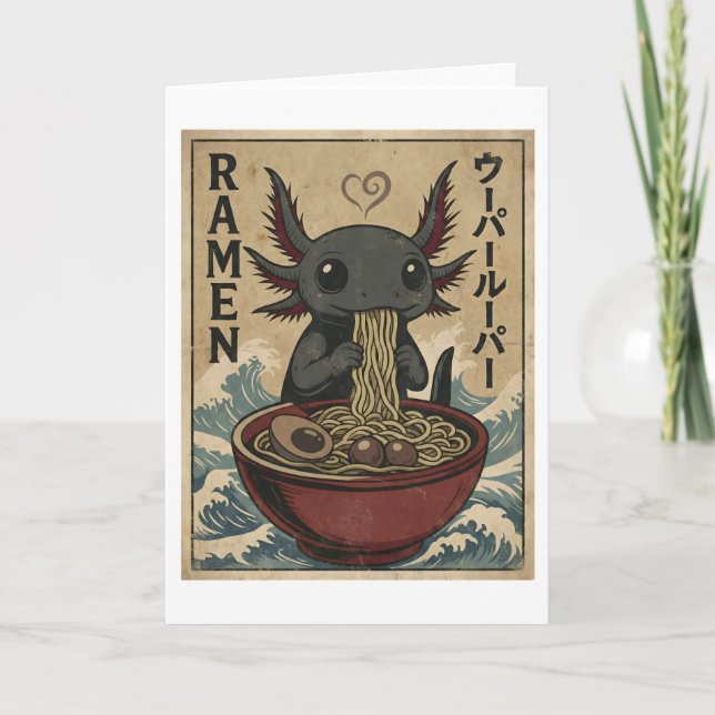 Adorable Ramen Axolotl Noodles Retro Japanese Art Card (Front)