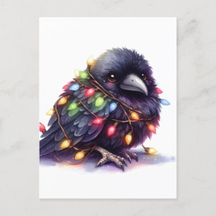 Adorable Raven With Christmas Lights Postcard