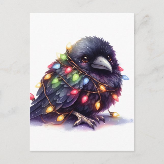 Adorable Raven With Christmas Lights Postcard (Front)