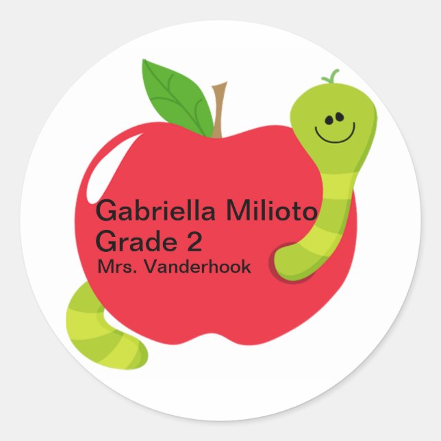 Adorable Red Apple With Worm School Subject Label (Front)