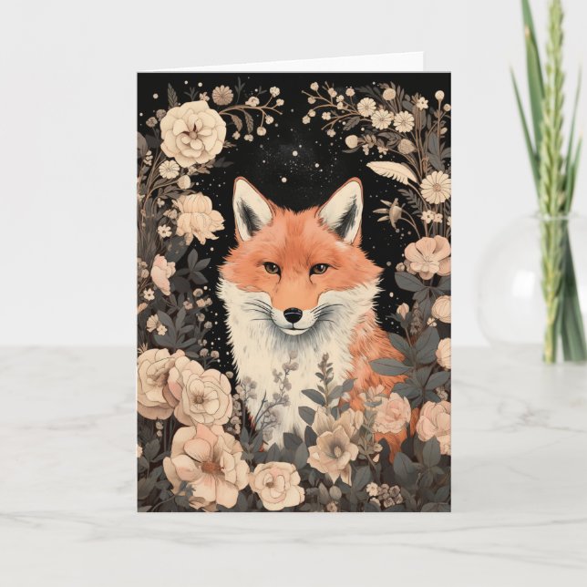 Adorable Red Fox in Vintage Flowers Card (Front)