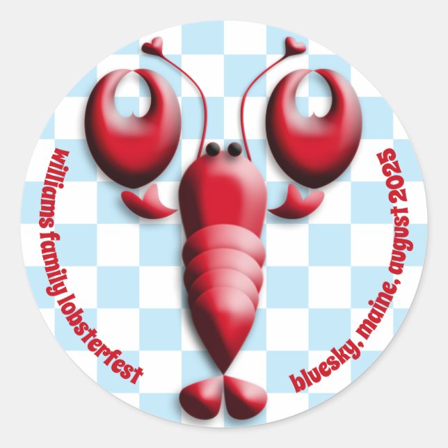 Adorable Red Lobster Heart Pincers Blue Chequered Classic Round Sticker (Front)