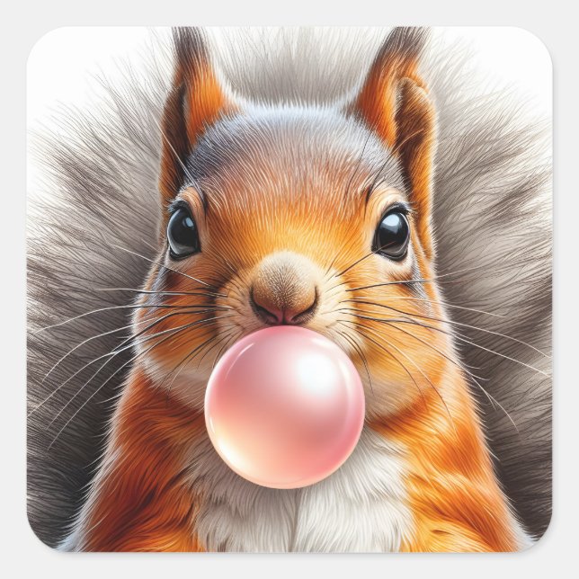 Adorable Red Squirrel Blowing Bubble Gum  Square Sticker (Front)