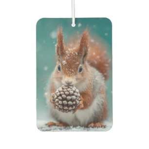Adorable Red Squirrel in the Snow with a Pinecone Car Air Freshener