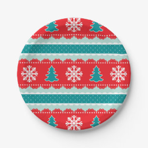 Adorable Red Teal Christmas Design With Snowflakes Paper Plate