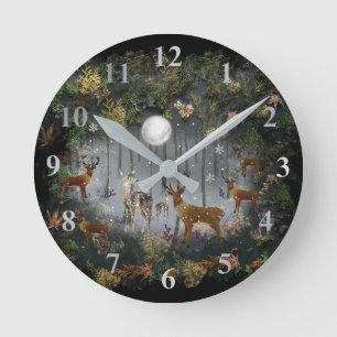 Adorable Reindeer At Night Round Clock