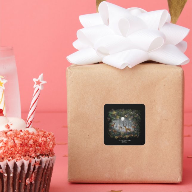 Adorable Reindeer At Night Square Sticker (Party)