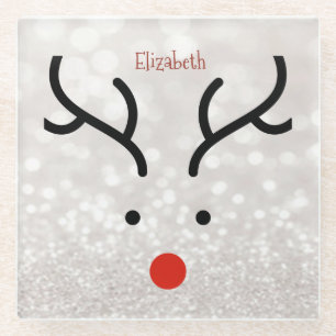 Adorable Reindeer Face,Bokeh Glass Coaster