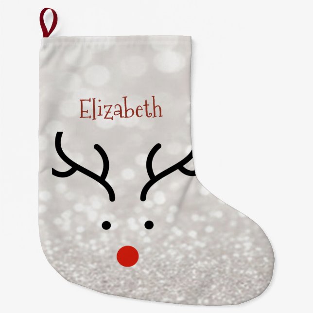 Adorable Reindeer Face,Bokeh Large Christmas Stocking (Front)