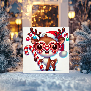 Adorable Reindeer Holding a Candy Cane Holiday Card