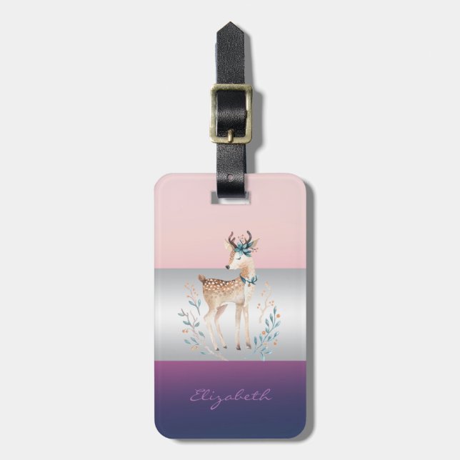 Adorable Reindeer, Stripe Girly Luggage Tag (Front Vertical)