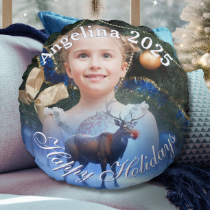 Adorable Reindeer Winter Wonderland Photo  Round Cushion