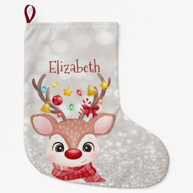 Adorable Reindeer With Santa Hat,Bokeh Large Christmas Stocking (Front)