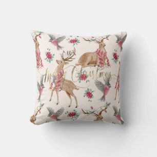 Adorable reindeers, birds, flowers cushion