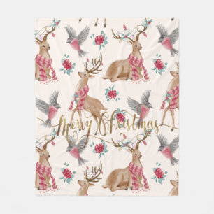 Adorable Reindeers, Birds, Flowers Fleece Blanket