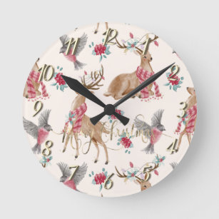 Adorable Reindeers,Birds,Flowers   Round Clock