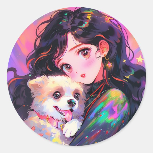Adorable Retro Anime Girl & Her Dog Classic Round Sticker (Front)