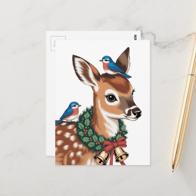 Adorable Retro Christmas Fawn Postcard (Front/Back In Situ)