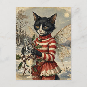 Adorable Retro Christmas Vampire Black Cat Fairy Postcard