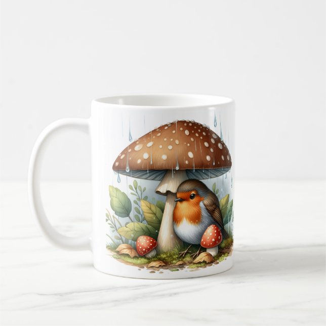 Adorable Robin Under Mushroom Umbrella Coffee Mug (Left)