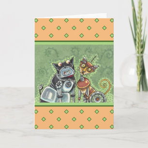 ADORABLE ROBOT BULLDOG & FELINE FRIEND Funny Blank Card