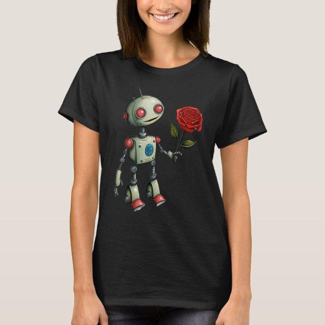 Adorable Robot Handing Out a Rose flower T-Shirt (Front)