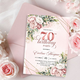 Adorable Rose Gold Eucalyptus Floral 70th Birthday Invitation