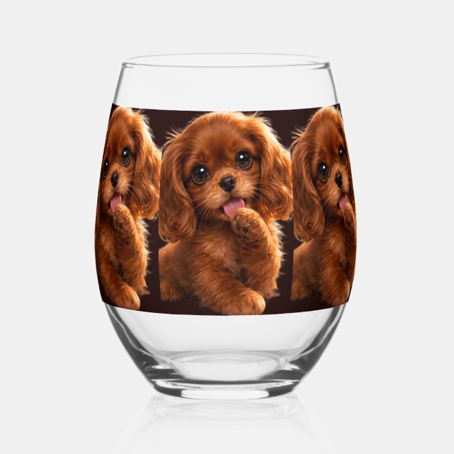 Adorable Ruby Cavalier Spaniel Stemless Wine Glass (Back)