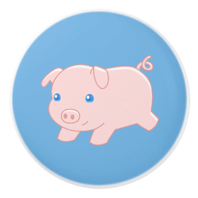 Adorable Running Piglet Pig on Blue Ceramic Knob (Front)