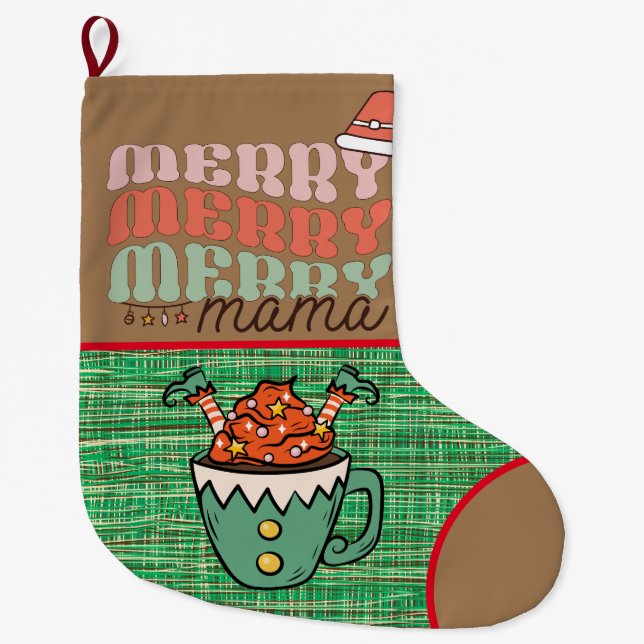Adorable Rustic funny Elf Merry Christmas Green Large Christmas Stocking (Front)
