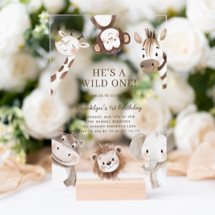 Adorable Safari Animal Themed 1st Birthday Acrylic Invitations