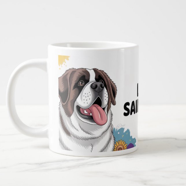 "Adorable Saint Bernard with Sunflowers Large Coffee Mug (Left)