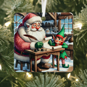 Adorable Santa and Elf Christmas Metal Tree Decoration