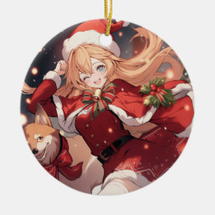 Adorable Santa Anime Girl and Christmas Shiba Dog Ceramic Tree Decoration