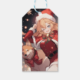 Adorable Santa Anime Girl and Christmas Shiba Dog Gift Tags