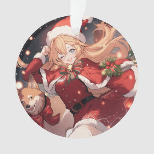 Adorable Santa Anime Girl and Christmas Shiba Dog Ornament