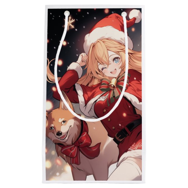 Adorable Santa Anime Girl and Christmas Shiba Dog Small Gift Bag (Front)