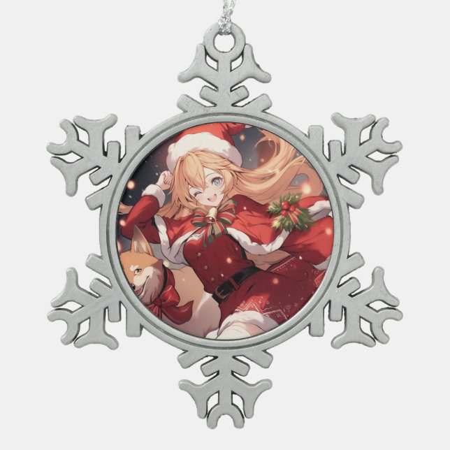 Adorable Santa Anime Girl and Christmas Shiba Dog Snowflake Pewter Christmas Ornament (Front)