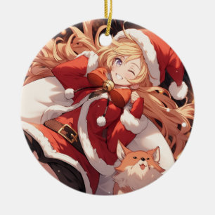 Adorable Santa Anime Girl Bag of Gifts and Pet Dog Ceramic Tree Decoration