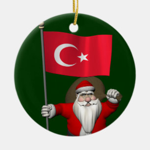 Adorable Santa Claus With Flag Of Turkey Ceramic Tree Decoration