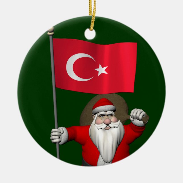 Adorable Santa Claus With Flag Of Turkey Ceramic Tree Decoration (Front)