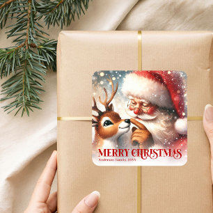 Adorable Santa Rudolph Personalized Christmas Kids Square Sticker