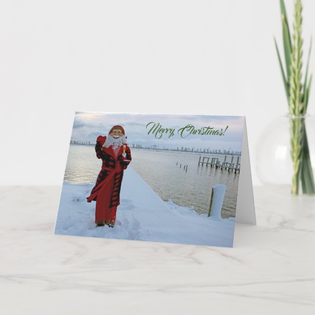 Adorable Santa With Chicken By The Sea Card! Thank You Card (Front)