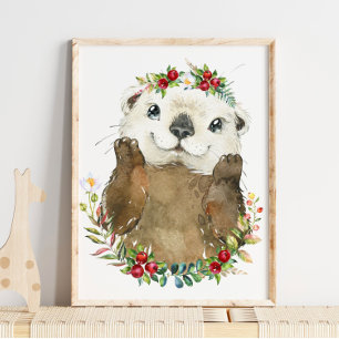 Adorable Sea Otter Nursery Floral   Wall Print