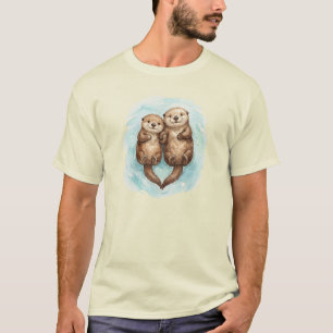 Adorable Sea Otters Heart Watercolor Illustration T-Shirt