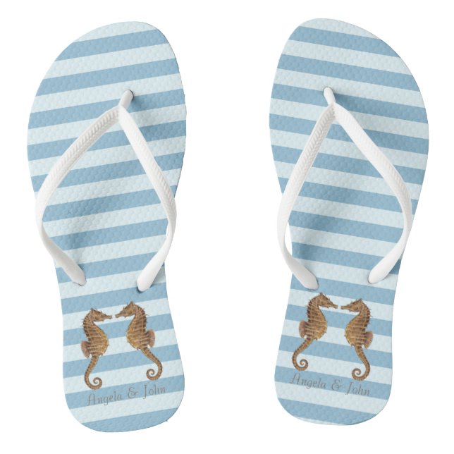 Adorable Seahorses In Love On Light Blue  Stripes Jandals (Footbed)