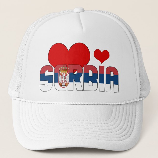 Adorable Serbia Flag Hearts Patriotic Trucker Hat (Front)
