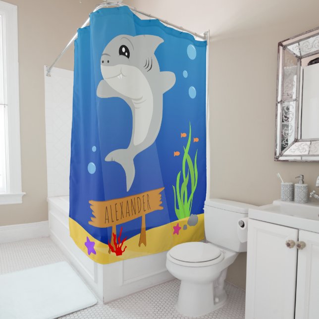 Adorable Shark Vibrant Under the Sea Kids Shower Curtain (In Situ)