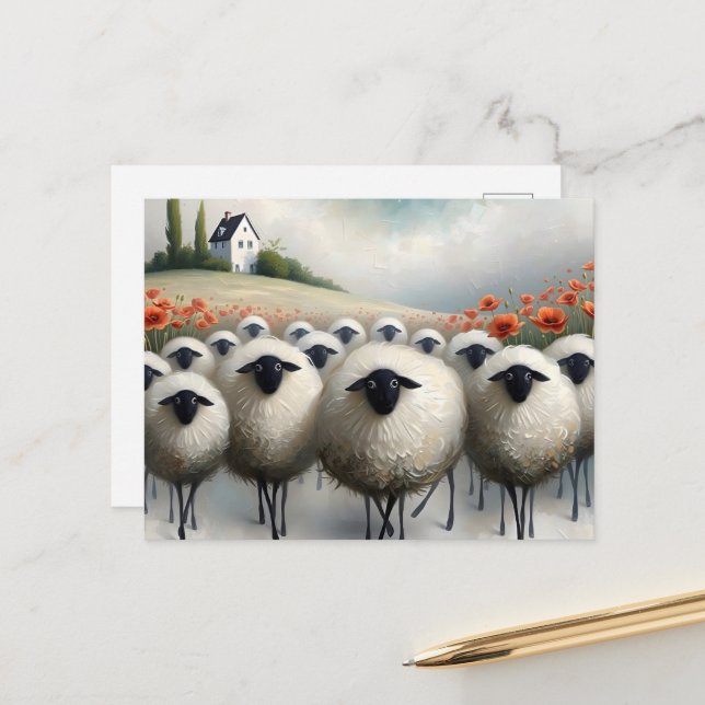 Adorable Sheep Poppy Field and a House Postcard (Front/Back In Situ)