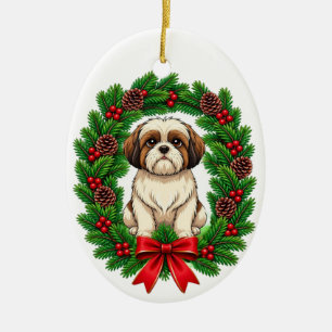 Adorable Shih Tzu Christmas Wreath Ceramic Tree Decoration
